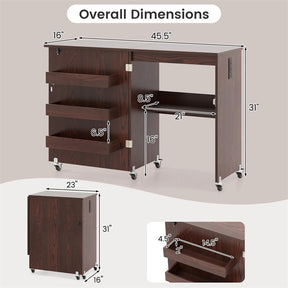 Folding Sewing Table with Charging Station, Rolling Craft Table with Storage Trays & Shelf, Foldable Sewing Machine Cabinet for Small Spaces