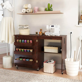 Folding Sewing Table with Charging Station, Rolling Craft Table with Storage Trays & Shelf, Foldable Sewing Machine Cabinet for Small Spaces