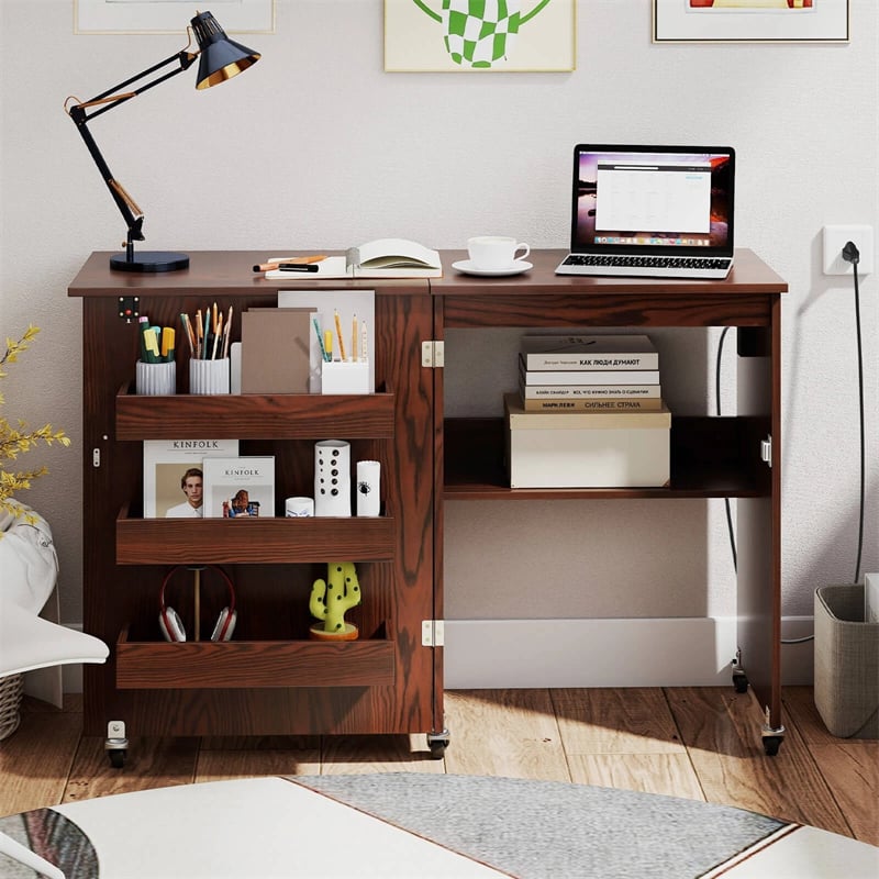 Folding Sewing Table with Charging Station, Rolling Craft Table with Storage Trays & Shelf, Foldable Sewing Machine Cabinet for Small Spaces
