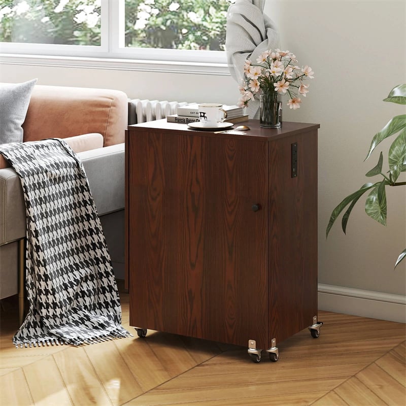 Folding Sewing Table with Charging Station, Rolling Craft Table with Storage Trays & Shelf, Foldable Sewing Machine Cabinet for Small Spaces