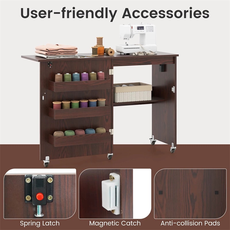 Folding Sewing Table with Charging Station, Rolling Craft Table with Storage Trays & Shelf, Foldable Sewing Machine Cabinet for Small Spaces