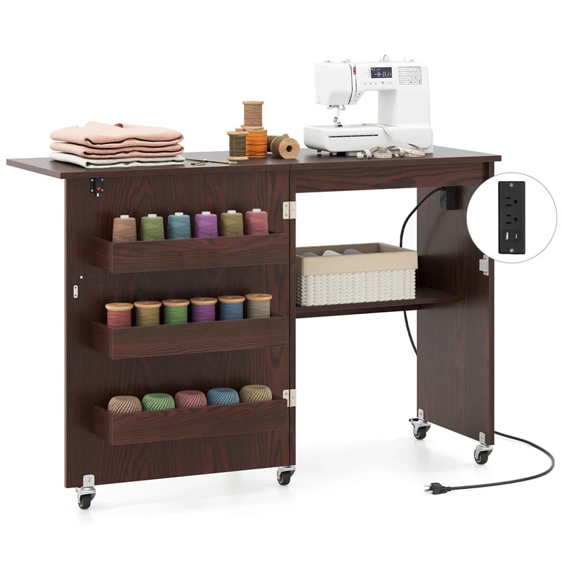 Folding Sewing Table with Charging Station, Rolling Craft Table with Storage Trays & Shelf, Foldable Sewing Machine Cabinet for Small Spaces