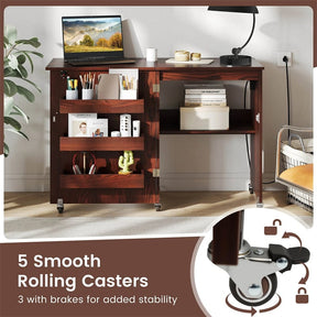 Folding Sewing Table with Charging Station, Rolling Craft Table with Storage Trays & Shelf, Foldable Sewing Machine Cabinet for Small Spaces
