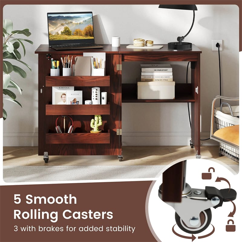 Folding Sewing Table with Charging Station, Rolling Craft Table with Storage Trays & Shelf, Foldable Sewing Machine Cabinet for Small Spaces