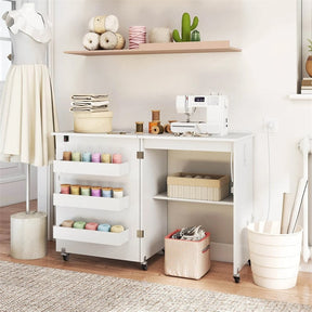 Folding Sewing Table with Charging Station, Rolling Craft Table with Storage Trays & Shelf, Foldable Sewing Machine Cabinet for Small Spaces