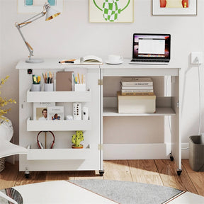 Folding Sewing Table with Charging Station, Rolling Craft Table with Storage Trays & Shelf, Foldable Sewing Machine Cabinet for Small Spaces
