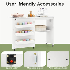Folding Sewing Table with Charging Station, Rolling Craft Table with Storage Trays & Shelf, Foldable Sewing Machine Cabinet for Small Spaces