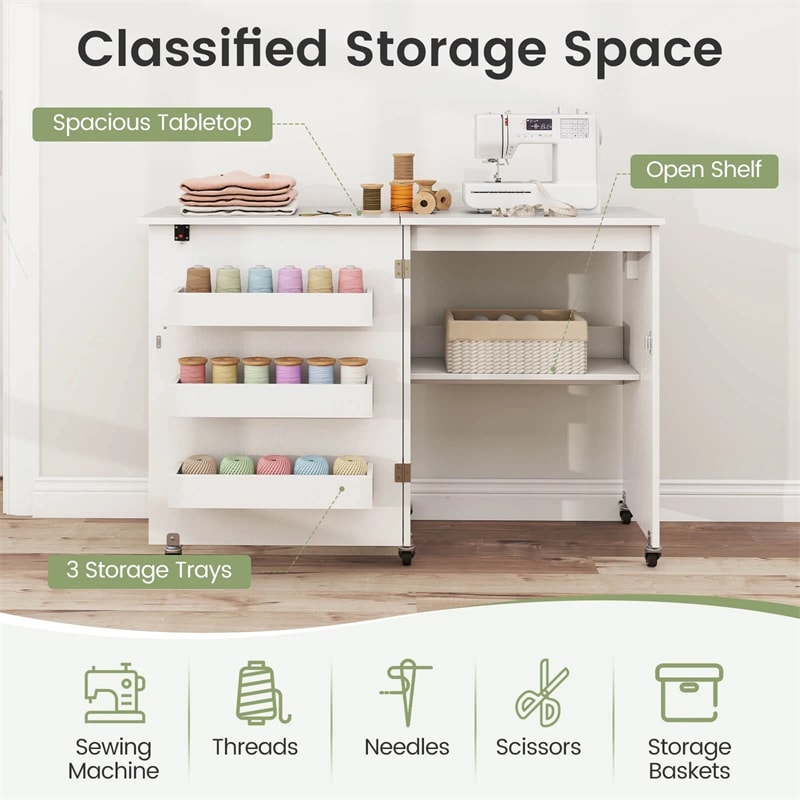 Folding Sewing Table with Charging Station, Rolling Craft Table with Storage Trays & Shelf, Foldable Sewing Machine Cabinet for Small Spaces