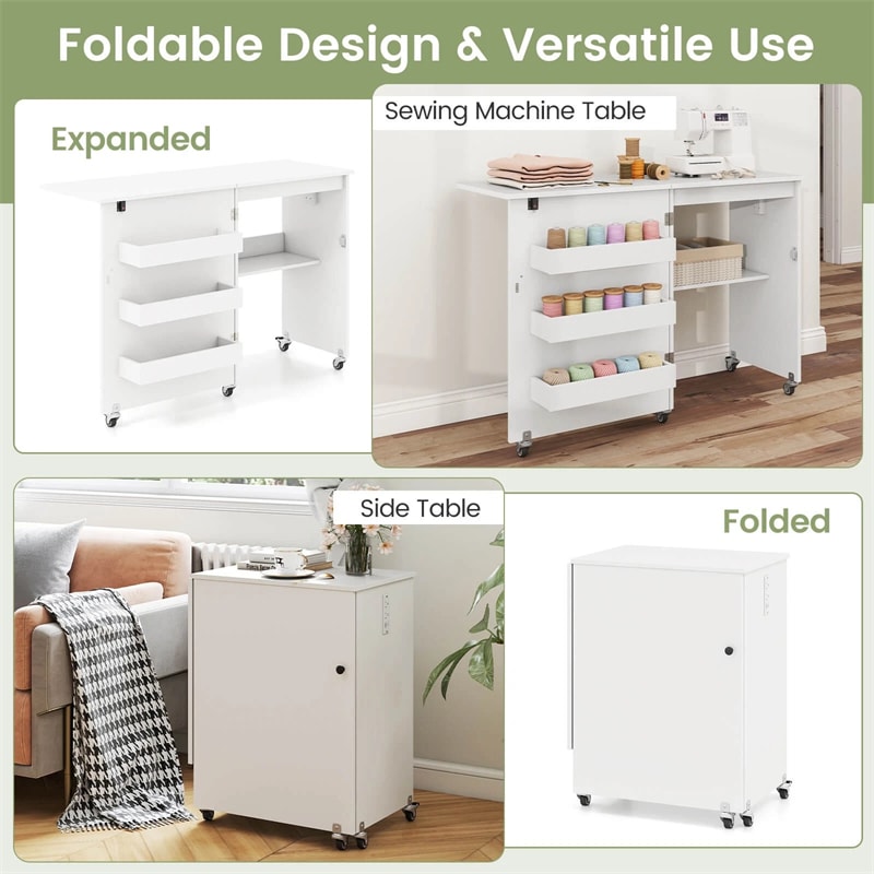Folding Sewing Table with Charging Station, Rolling Craft Table with Storage Trays & Shelf, Foldable Sewing Machine Cabinet for Small Spaces