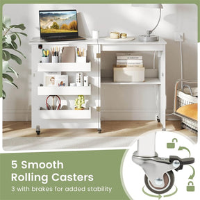 Folding Sewing Table with Charging Station, Rolling Craft Table with Storage Trays & Shelf, Foldable Sewing Machine Cabinet for Small Spaces
