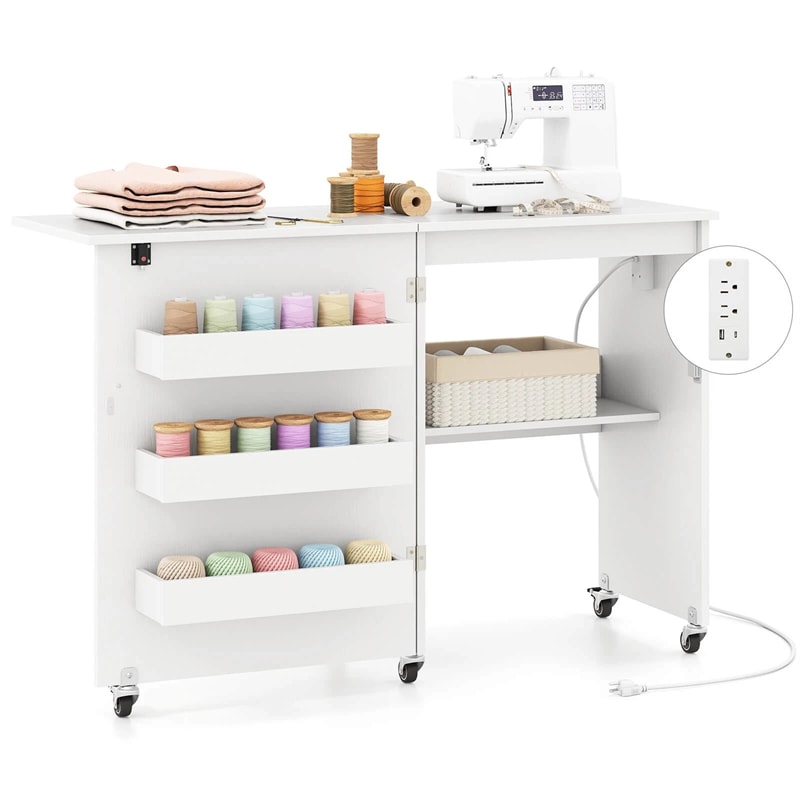 Folding Sewing Table with Charging Station, Rolling Craft Table with Storage Trays & Shelf, Foldable Sewing Machine Cabinet for Small Spaces
