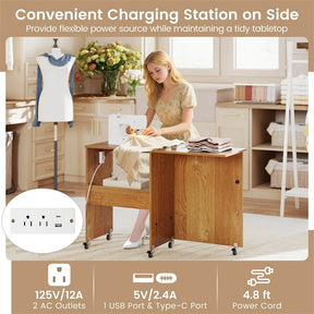 Folding Sewing Table with Charging Station, Rolling Craft Table with Storage Trays & Shelf, Foldable Sewing Machine Cabinet for Small Spaces