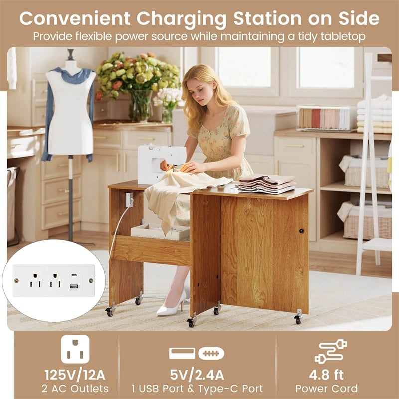 Folding Sewing Table with Charging Station, Rolling Craft Table with Storage Trays & Shelf, Foldable Sewing Machine Cabinet for Small Spaces