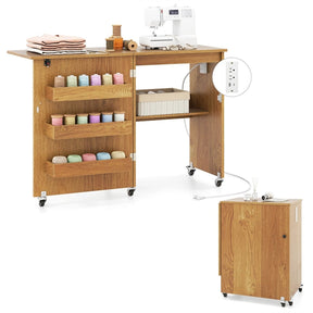 Folding Sewing Table with Charging Station, Rolling Craft Table with Storage Trays & Shelf, Foldable Sewing Machine Cabinet for Small Spaces