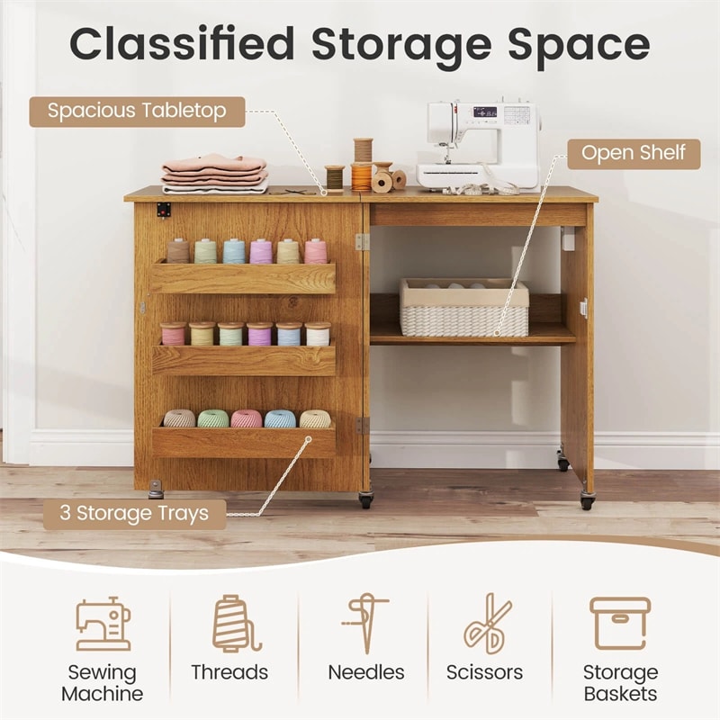 Folding Sewing Table with Charging Station, Rolling Craft Table with Storage Trays & Shelf, Foldable Sewing Machine Cabinet for Small Spaces