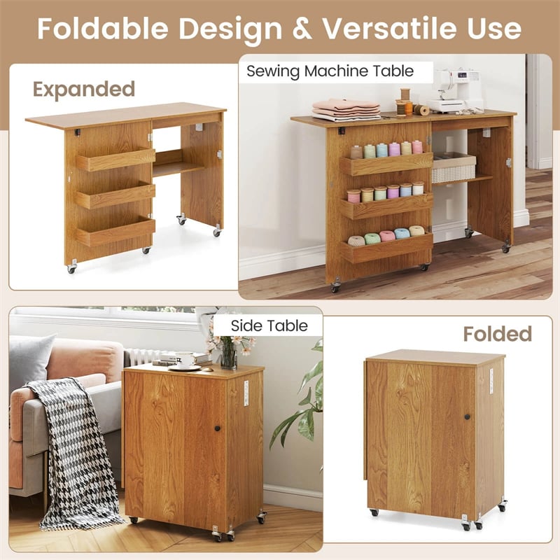 Folding Sewing Table with Charging Station, Rolling Craft Table with Storage Trays & Shelf, Foldable Sewing Machine Cabinet for Small Spaces