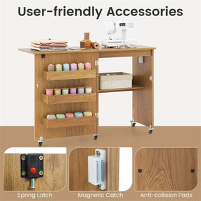 Folding Sewing Table with Charging Station, Rolling Craft Table with Storage Trays & Shelf, Foldable Sewing Machine Cabinet for Small Spaces