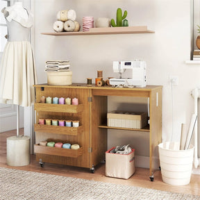 Folding Sewing Table with Charging Station, Rolling Craft Table with Storage Trays & Shelf, Foldable Sewing Machine Cabinet for Small Spaces
