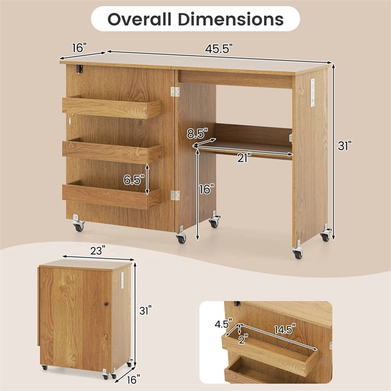 Folding Sewing Table with Charging Station, Rolling Craft Table with Storage Trays & Shelf, Foldable Sewing Machine Cabinet for Small Spaces