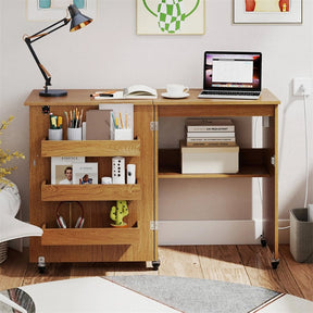 Folding Sewing Table with Charging Station, Rolling Craft Table with Storage Trays & Shelf, Foldable Sewing Machine Cabinet for Small Spaces