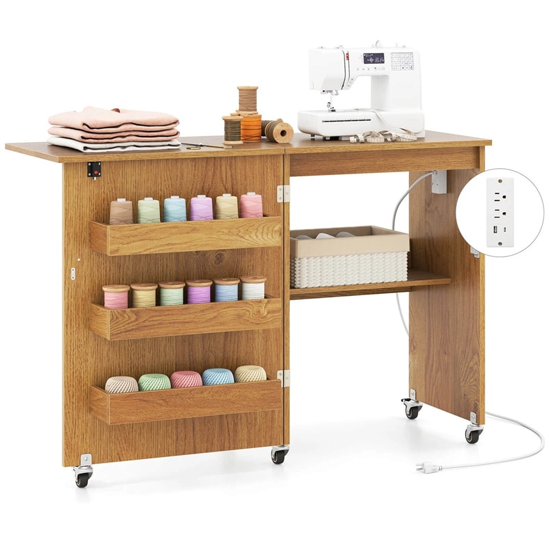 Folding Sewing Table with Charging Station, Rolling Craft Table with Storage Trays & Shelf, Foldable Sewing Machine Cabinet for Small Spaces