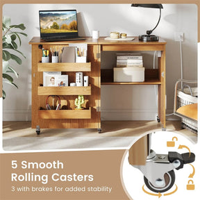 Folding Sewing Table with Charging Station, Rolling Craft Table with Storage Trays & Shelf, Foldable Sewing Machine Cabinet for Small Spaces