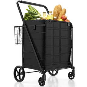 27.5 Gallon Jumbo Folding Shopping Cart with Waterproof Liner & Double Basket, Heavy Duty Portable Utility Cart for Grocery Market Laundry