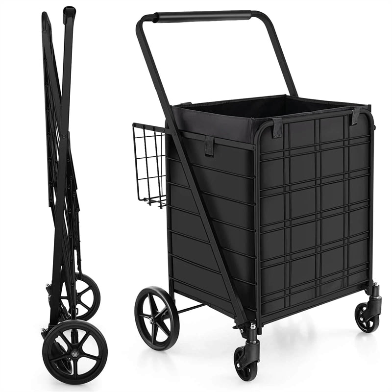 27.5 Gallon Jumbo Folding Shopping Cart with Waterproof Liner & Double Basket, Heavy Duty Portable Utility Cart for Grocery Market Laundry