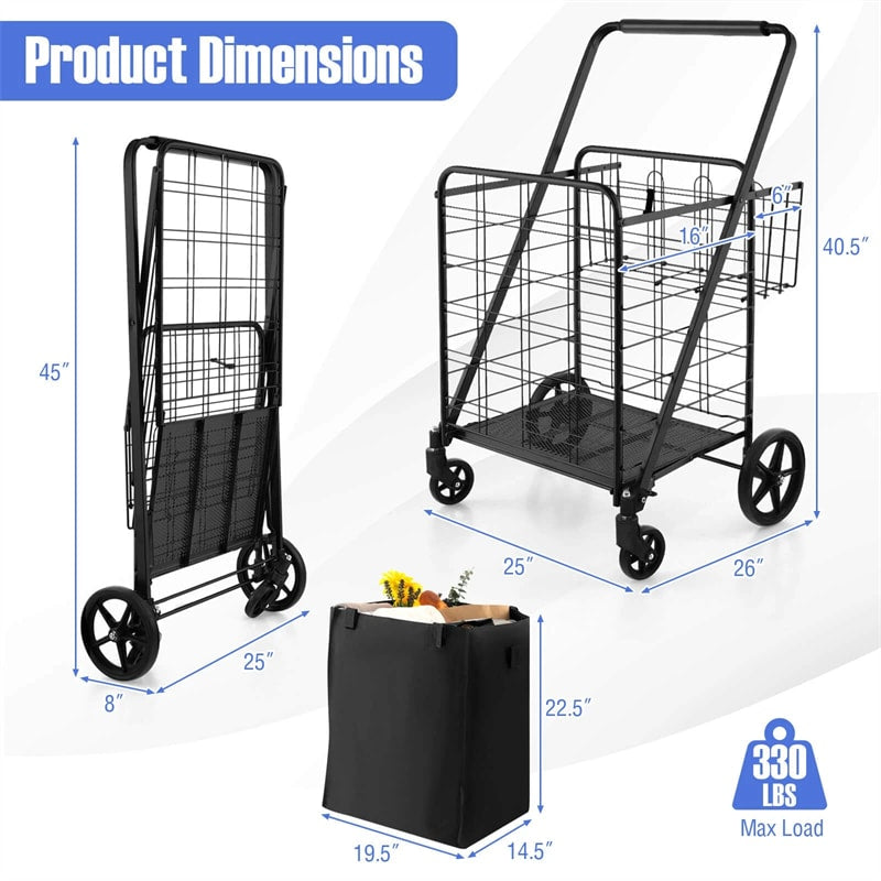 27.5 Gallon Jumbo Folding Shopping Cart with Waterproof Liner & Double Basket, Heavy Duty Portable Utility Cart for Grocery Market Laundry