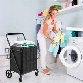 27.5 Gallon Jumbo Folding Shopping Cart with Waterproof Liner & Double Basket, Heavy Duty Portable Utility Cart for Grocery Market Laundry