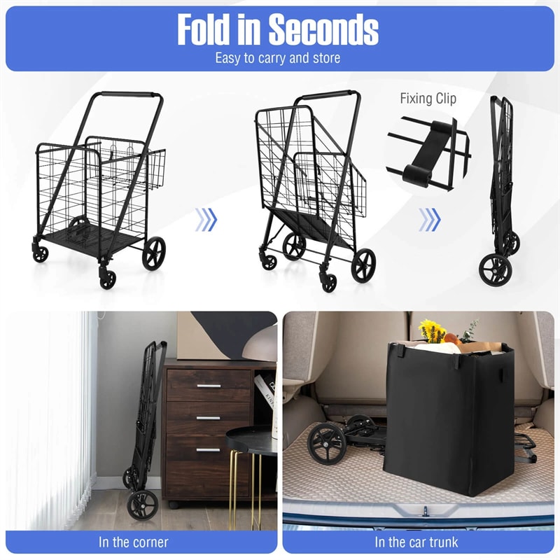 27.5 Gallon Jumbo Folding Shopping Cart with Waterproof Liner & Double Basket, Heavy Duty Portable Utility Cart for Grocery Market Laundry
