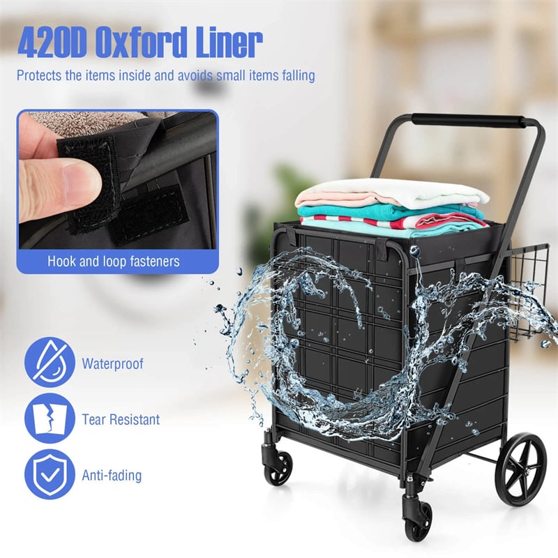27.5 Gallon Jumbo Folding Shopping Cart with Waterproof Liner & Double Basket, Heavy Duty Portable Utility Cart for Grocery Market Laundry