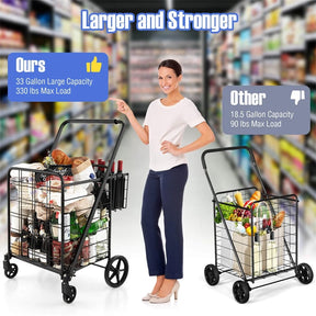 27.5 Gallon Jumbo Folding Shopping Cart with Waterproof Liner & Double Basket, Heavy Duty Portable Utility Cart for Grocery Market Laundry