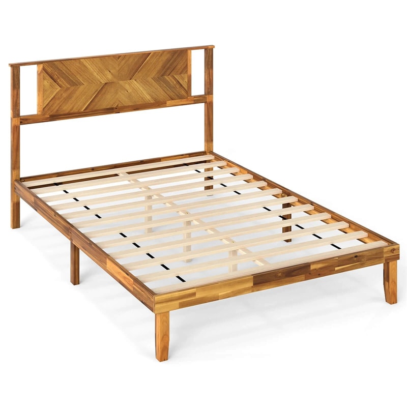 Twin/Full/Queen Size Acacia Wood Platform Bed Frame with Headboard, Mid-Century Modern Bed Frame w/Wooden Slats Support & Under-Bed Space