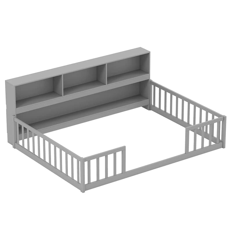 Full Size Montessori Floor Bed with Bookcase, Storage Shelves & Safety Fence Rails, Solid Wood Bed Frame for Kids, No Box Spring Needed