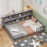 Full Size Montessori Floor Bed with Bookcase, Storage Shelves & Safety Fence Rails, Solid Wood Bed Frame for Kids, No Box Spring Needed