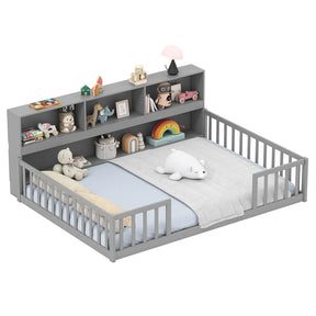 Full Size Montessori Floor Bed with Bookcase, Storage Shelves & Safety Fence Rails, Solid Wood Bed Frame for Kids, No Box Spring Needed