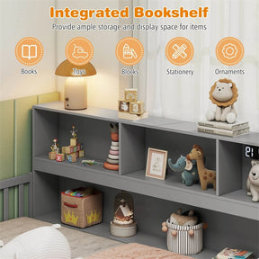 Full Size Montessori Floor Bed with Bookcase, Storage Shelves & Safety Fence Rails, Solid Wood Bed Frame for Kids, No Box Spring Needed