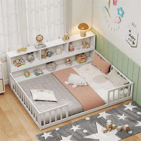 Full Size Montessori Floor Bed with Bookcase, Storage Shelves & Safety Fence Rails, Solid Wood Bed Frame for Kids, No Box Spring Needed