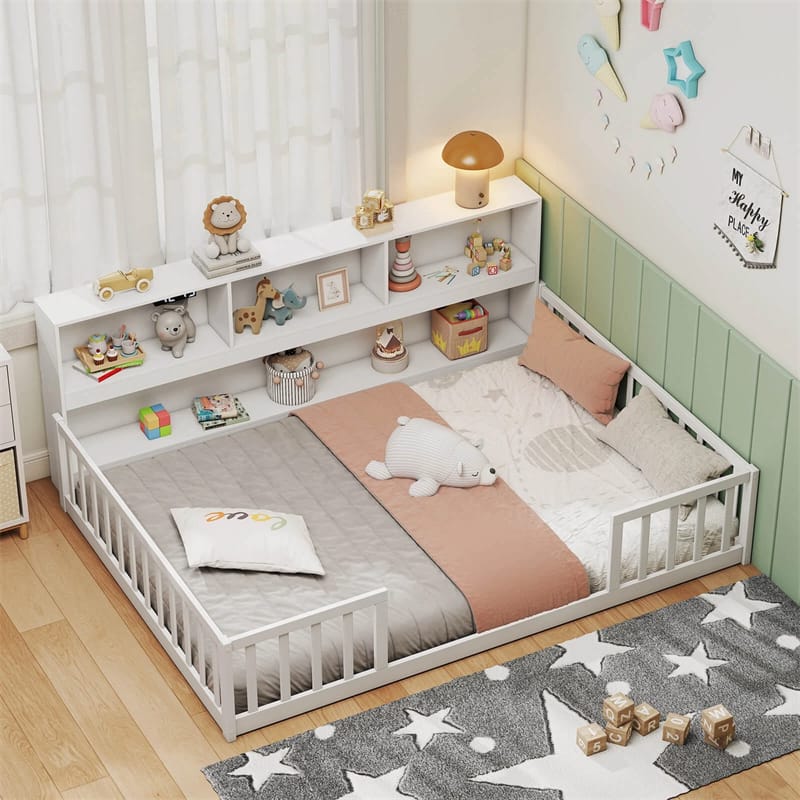Full Size Montessori Floor Bed with Bookcase, Storage Shelves & Safety Fence Rails, Solid Wood Bed Frame for Kids, No Box Spring Needed