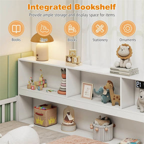 Full Size Montessori Floor Bed with Bookcase, Storage Shelves & Safety Fence Rails, Solid Wood Bed Frame for Kids, No Box Spring Needed
