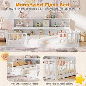 Full Size Montessori Floor Bed with Bookcase, Storage Shelves & Safety Fence Rails, Solid Wood Bed Frame for Kids, No Box Spring Needed
