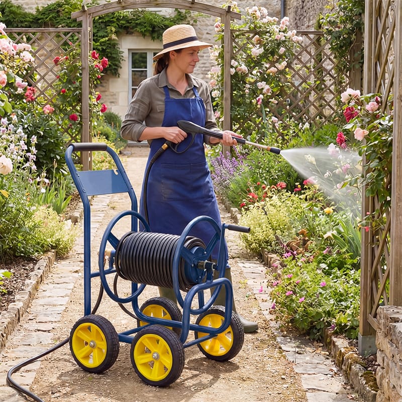 Garden Hose Reel Cart Holds 330ft of 5/8" or 400ft of 1/2" Hose, Heavy-Duty Metal 4-Wheel Hose Cart, Portable Water Hose Organizer for Yard