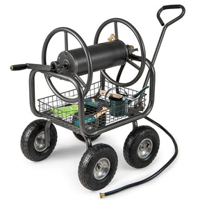 Portable Garden Hose Reel Cart Holds 300FT of 5/8" Large Capacity, Heavy-Duty Metal Hose Cart with 4 Wheels & Storage Basket for Lawn Yard