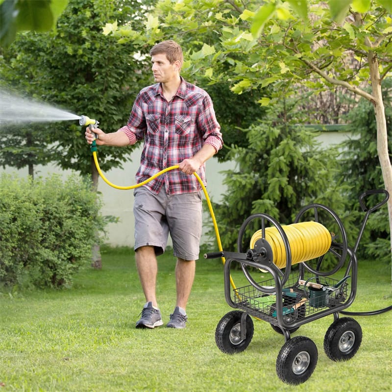 Portable Garden Hose Reel Cart Holds 300FT of 5/8" Large Capacity, Heavy-Duty Metal Hose Cart with 4 Wheels & Storage Basket for Lawn Yard