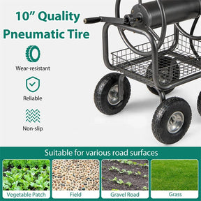 Portable Garden Hose Reel Cart Holds 300FT of 5/8" Large Capacity, Heavy-Duty Metal Hose Cart with 4 Wheels & Storage Basket for Lawn Yard