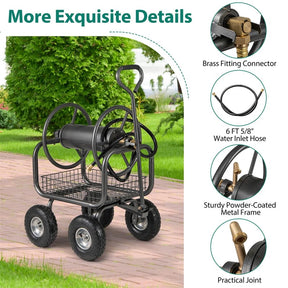 Portable Garden Hose Reel Cart Holds 300FT of 5/8" Large Capacity, Heavy-Duty Metal Hose Cart with 4 Wheels & Storage Basket for Lawn Yard