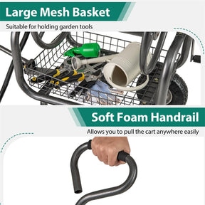 Portable Garden Hose Reel Cart Holds 300FT of 5/8" Large Capacity, Heavy-Duty Metal Hose Cart with 4 Wheels & Storage Basket for Lawn Yard