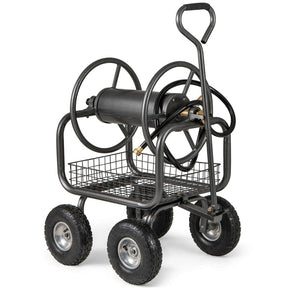 Portable Garden Hose Reel Cart Holds 300FT of 5/8" Large Capacity, Heavy-Duty Metal Hose Cart with 4 Wheels & Storage Basket for Lawn Yard