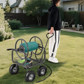 Portable Garden Hose Reel Cart Holds 300FT of 5/8" Large Capacity, Heavy-Duty Metal Hose Cart with 4 Wheels & Storage Basket for Lawn Yard